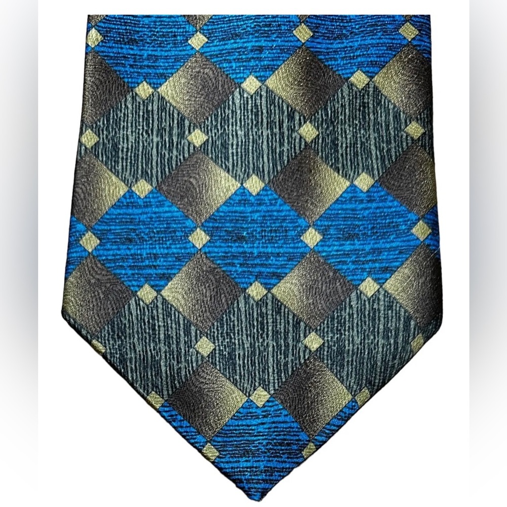 Pagliano Men’s Tie Blue Green Geometric Diamond Pattern 57” Classic Necktie USA